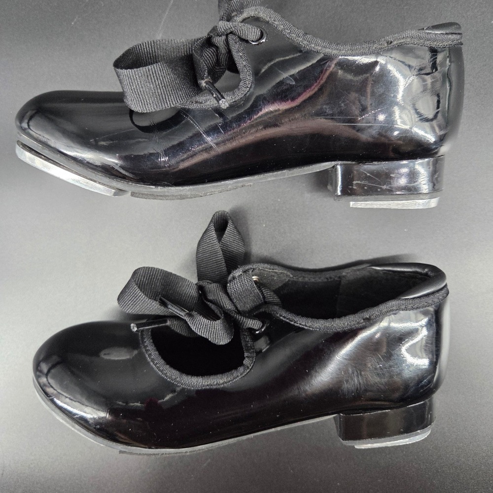Weissman Black Patent Tap Shoes Ribbon Tie Girls Kids Dance - Picture 4 of 5